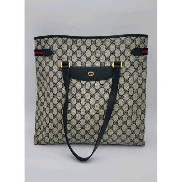 Vintage GUCCI Shoulder Tote Bag Sherry Line GG Supreme PVC Navy Blue Canvas - Picture 1 of 16